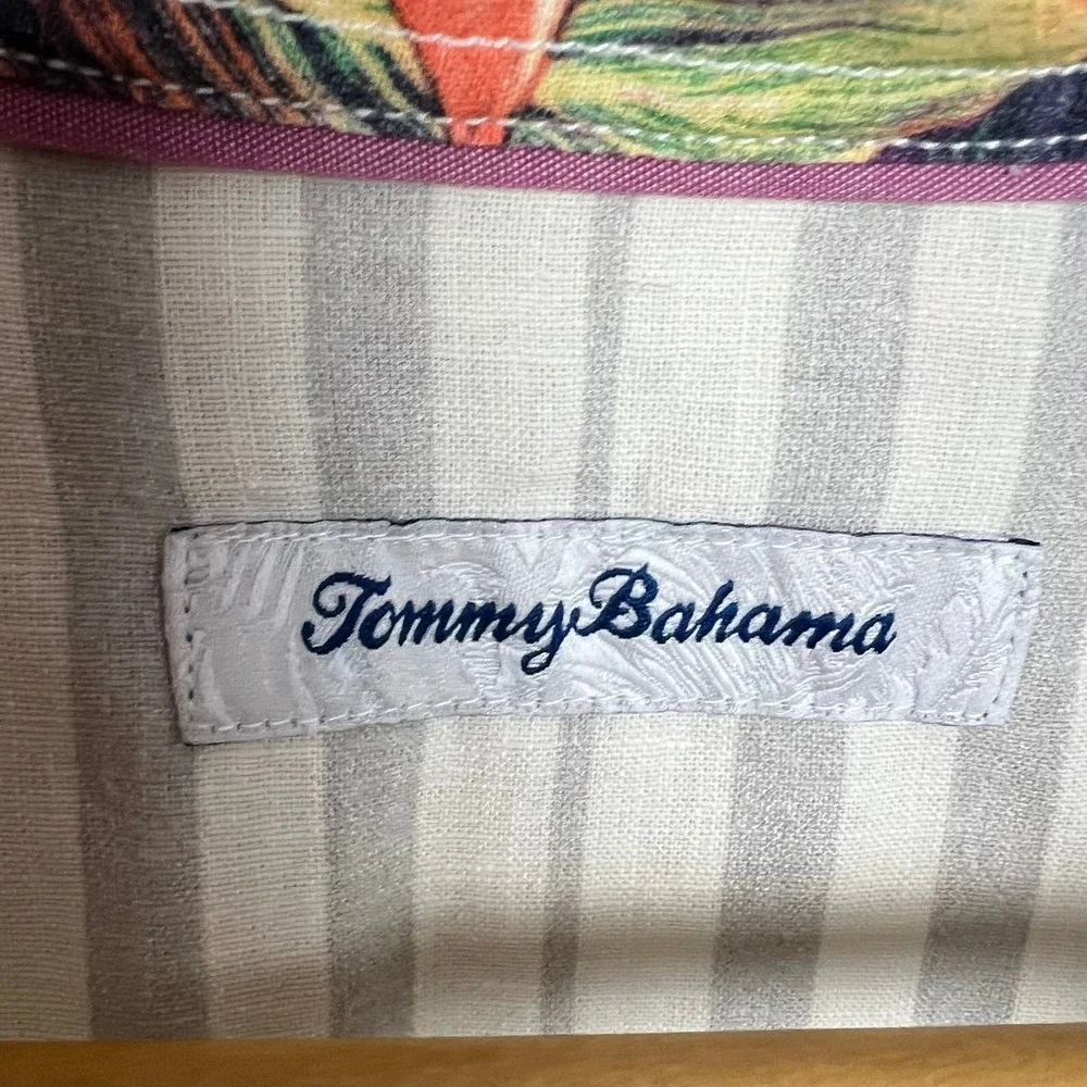 Tommy Bahama Men XXL Striped Tropical Floral Linen Blend Button Down Shirt Aloha